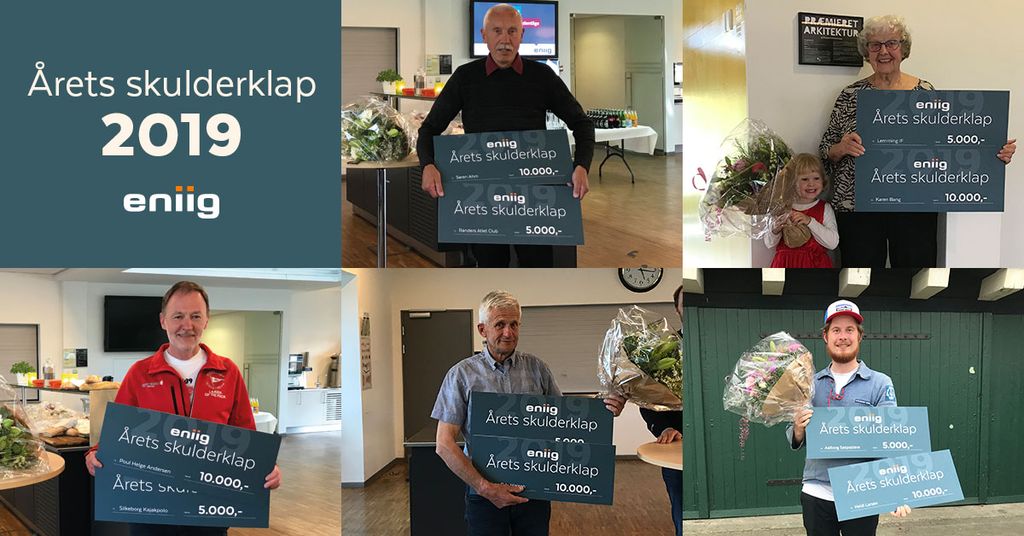 Modtagerne af Årets skulderklap 2019. Øverst Søren Ahm og Karen Bang, nederst Poul Helge Andersen, Jens Orla Nielsen og Kristian Johannesen (på vegne af Heidi Larsen).