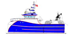 Sådan ser et bud på fremtidens modulopbyggede fiskefartøj ud. Forud er gået tre års udviklingsarbejde med EU-støtte, som nu er endt med to modeller - et fartøj på 17 og et på 24 meter - til kystnært fiskeri og kystfiskeri. Tegning: Fremtidens Modulære Fiskefartøj