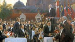 I Roskildelektioner på Roskilde Museum kan man få hele fortællingen om 'Naturforskerudflugten i Roskilde 1847', malet af Erik Henningsen. Kredit: Museumskoncernen ROM