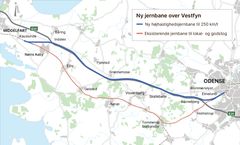 Den nye jernbane kommer til at følge E20 Fynske Motorvej i en fælles transportkorridor. Kort: Vejdirektoratet.