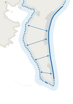 Én af planens syv strategiske indsatser handler om at skabe en sammenhængende stormflodsrute omkring hele Odden. Illustration: LYTT Architecture
