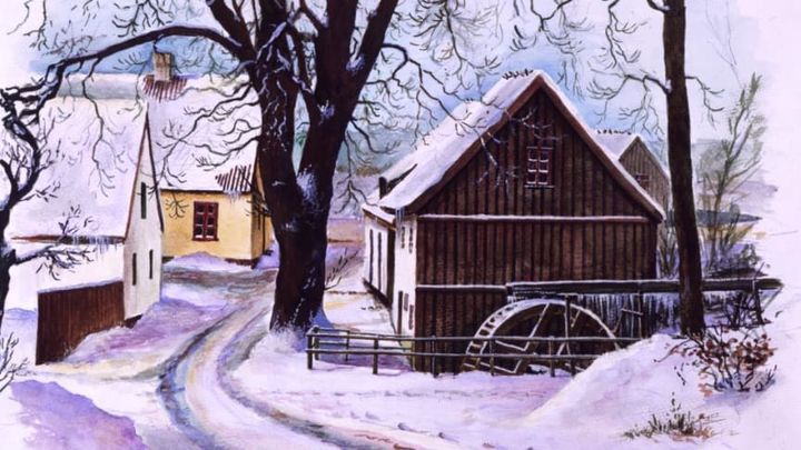 Det er næsten som om julestemningen kommer af sig selv, når Tadre Mølles venner holder julemarked ved den smukke gamle vandmølle. Illustration: ROMU