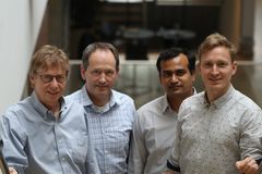 De fire grundlæggere af Cysbio ApS (fra venstre) Henrik Meyer (CEO), Alex Toftgaard Nielsen (CSO), Hemanshu Mundhada (Research Director) og Christian Bille Jendresen (Research Director) er parate til ændre fremstillingsmetoden for flere svært producerbare biokemikalier. Foto: DTU Biosustain/DTU.