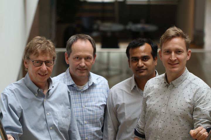 De fire grundlæggere af Cysbio ApS (fra venstre) Henrik Meyer (CEO), Alex Toftgaard Nielsen (CSO), Hemanshu Mundhada (Research Director) og Christian Bille Jendresen (Research Director) er parate til ændre fremstillingsmetoden for flere svært producerbare biokemikalier. Foto: DTU Biosustain/DTU.
