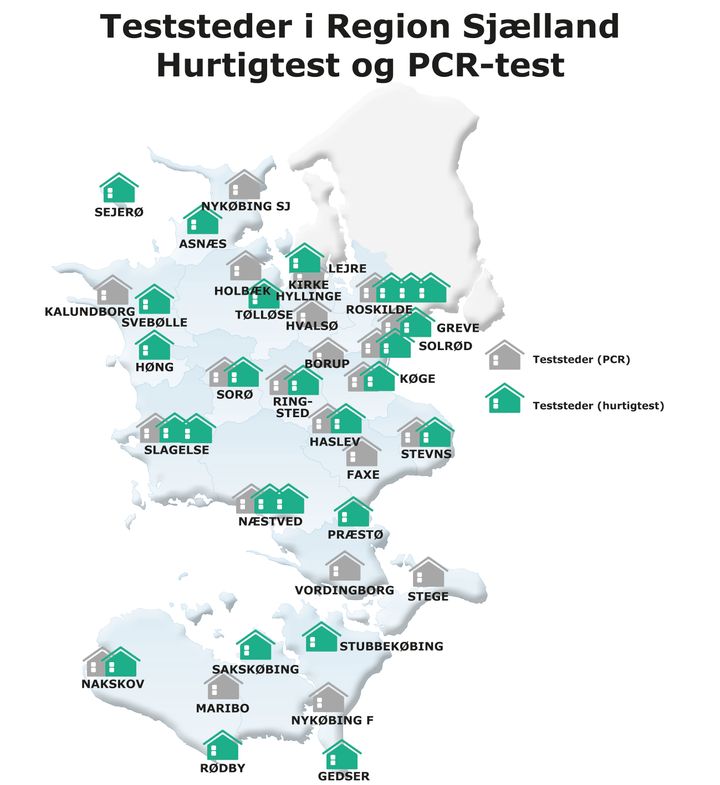Kort over teststeder – pcr-test og hurtigtest - efter 30. august i Region Sjælland.