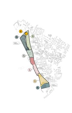 Helhedsplanen for havnen i Nykøbing  Falster går fra slagteriet i syd til siloen i nord. Det er en strækning på i alt 1,4 km. Illustration: C.F. Møller Architects