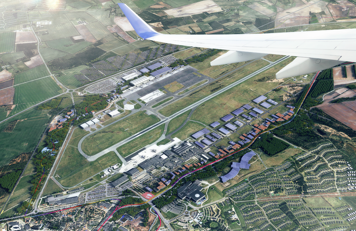 Illustration af fremtidens lufthavn i 2040. Røde og blå bygninger er illustreringer, og ingen bygninger er fastlagt.
