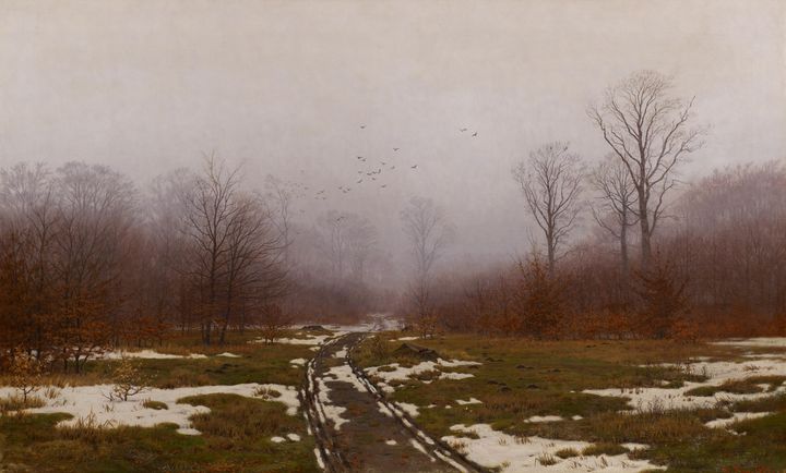 Hans Friis, Taaget Vinterdag i Skoven efter Tøbrud. Motiv fra Falster, 1884. Foto: Samling Michael Horn