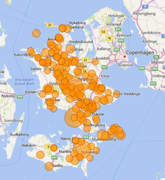 Ansøgningerne til SEAS-NVE's Fiberpulje er strømmet ind fra alle egne af Sjælland og Øerne. Hver orange cirkel på kortet repræsenterer en af de 170 ansøgninger der tilsammen rummer i alt 4.866 adresser fordelt på over 500 virksomheder, 4.100 privatboliger og 250 sommerhuse.