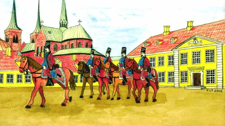 Forsidebillede fra bogen ”Husarer i Roskilde”. Illustration Karsten Skjold Petersen