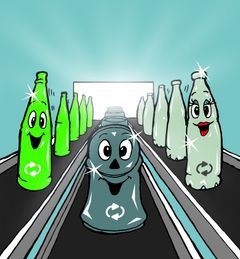 Tom Dåse og hans genan-venner er klar til at fortælle om genanvendelse af flasker og dåser. (Illustration: Dansk Retursystem)