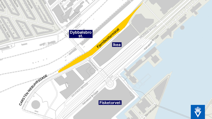 Busterminalen er planlagt til at ligge under Dybbølsbro ved S-togsstationen Dybbølsbro Station. Kort: Vejdirektoratet.