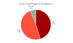 45%  af de spurgte danskeres hunde er bange for fyrværkeri. Kilde: Dyrenes Beskyttelse. Graf til fri afbenyttelse.