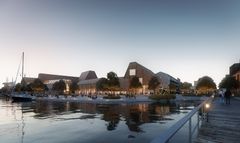 Bropladsen bliver byens nye samlingspunkt ved vandet med placering af bibliotek, borgerservice mv. Illustration: C.F. Møller Architects