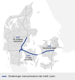 Trafikken vil hovedsageligt bevæge sig på tværs af landet i begge retninger mellem Jylland og hovedstaden. Grafik: Vejdirektoratet.