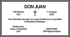 Dødsannonce for Don Juan, som forestillingen er lanceret med. Skabt af Wrong