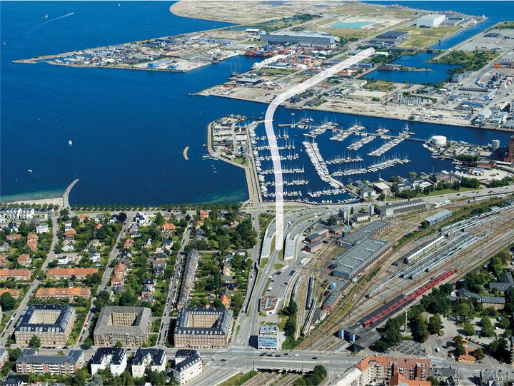 På billedet ses linjeføringen af Nordhavnstunnellen. Foto: Vejdirektoratet.