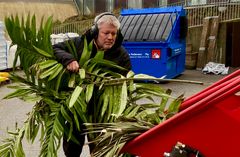 Gartner Jacob Justesen viser, hvordan den store kompostkværn kværner de enorme blade og grene