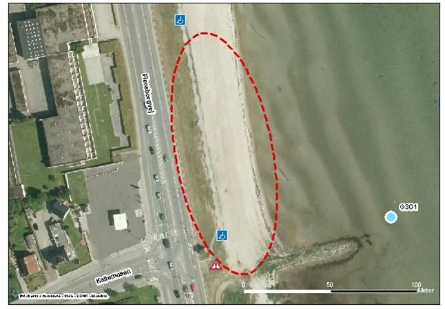 På Sønderstrand Syd frarådes der badning. Målingen er foretaget i den blå cirkel. Foto: Aabenraa Kommune