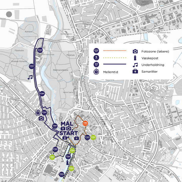 På kortet ses alle tre ruter til Royal Run i Næstved 6. juni 2022.