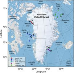 Kort over de 26 målestationers placeringer omkring Grønland.