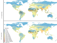 På kortene udpeger forskerne de regioner, der bliver udsat for gennemsnitstemperatur over 29 °C i 2070, kombineret med befolkningstætheden (antal pr. 100 km2) i en verden med 9,5 milliarder indbyggere under 2,7 °C global opvarmning (øverst) og 1,5 °C global opvarmning (nederst). Grafik: Timothy Lenton, Chi Xu