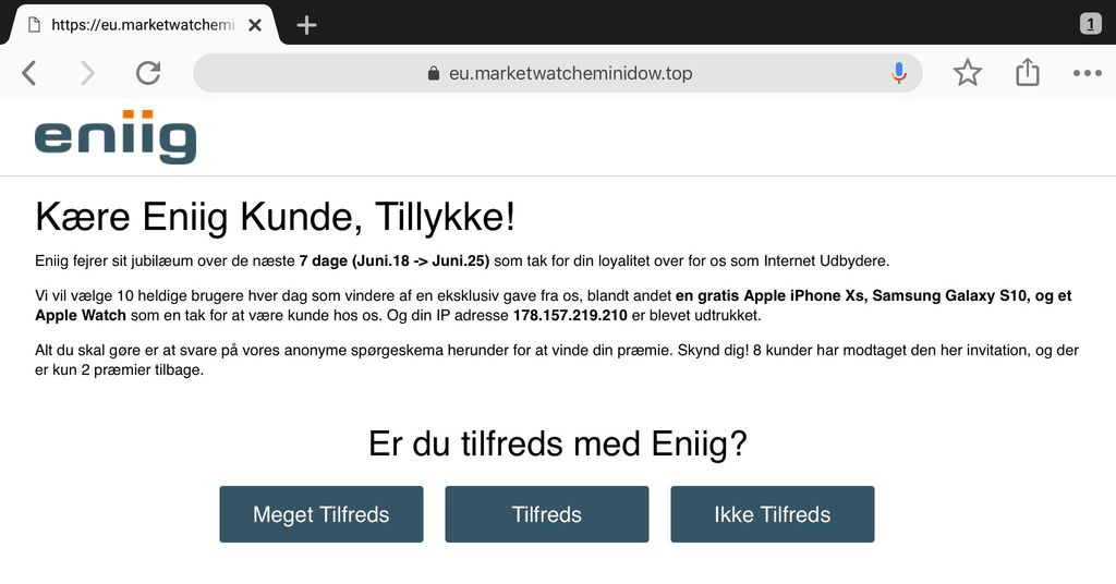 Her ser du et eksempel på en snydekonkurrence, hvor Eniigs navn bliver misbrugt til at narre kunderne