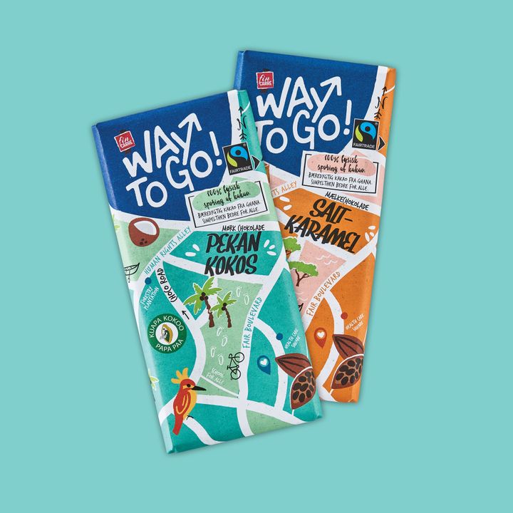 To lækre varianter af Lidls nye, Fairtrade-mærkede chokolade, Way to Go!, kan nu købes i Lidl i hele Danmark: havsalt-karamel og kokos-pekan. Foto: Lidl PR
