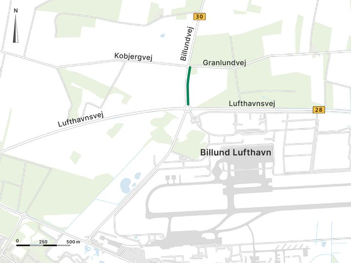 Vejdirektoratet spærrer et spor på Billundvej i perioden 6.-13. april. Grafik: Vejdirektoratet.
