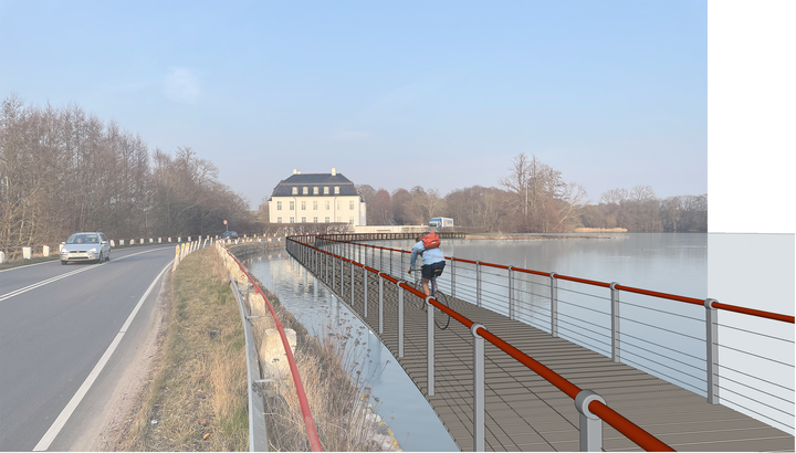 Cykelbroen langs Mølledæmningen bliver opført, så den matcher omgivelserne. Visualisering: Land+ Landskabsarkitekter.