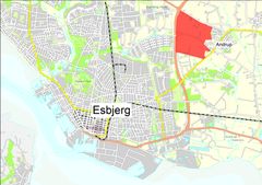Kortet viser størrelsen på grunden, som Facebook har købt af Esbjerg Kommune, og hvor grunden ligger i forhold til Esbjerg centrum.