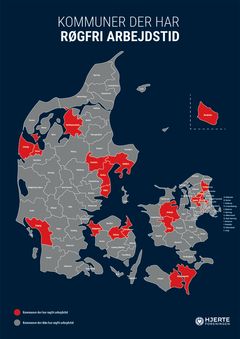 Rygning er den enkeltstående risikofaktor, som har størst betydning for udvikling af hjerte-kar-sygdom. Hjerteforeningen optrapper indsatsen på rygeområdet bl.a. med tiltaget Røgfri arbejdstid. Kortet viser kommuner, der allerede har indført tiltaget