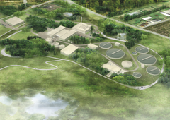 Assens Ny Renseanlæg med tilhørende biogasanlæg er en del af en samlet Ny Forsyningspark, der også indeholder nyt vandværk samt administration, lager og værksted til Assens Forsyning A/S (Illustration: SLA Arkitekter).