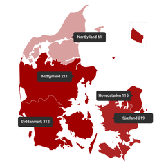 Der er stor forskel på, hvor i landet kattene bliver dumpet. I 2019 var det i sær i Region Syddanmark, at Dyrenes Beskyttelse fandt de efterladte katte. Grafik: Dyrenes Beskyttelse