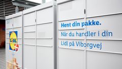 Lidls kunder i København og Aarhus kan fremover afhente deres pakker i nyopsatte nærbokse fra Swipbox og PostNord i udvalgte butikker. Her ses pakkestationen hos Lidl-butikken i Hasle ved Aarhus.