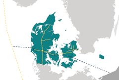 Baltic Pipe skal krydse dele af Jylland, Lillebælt, Fyn og Vest- og Sydsjælland. Andre steder er det eksisterende gastransmissionsnet (gule forbindelser) tilstrækkeligt til at klare det øgede flow.