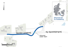 Den nye cykelsti løber langs med Nordre Landevej og under vejen via en ny stitunnel. Illustration: Vejdirektoratet.