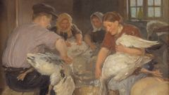 'I gåsens ryg et flag skal stå'... men først skal den plukkes og steges. Illustration: Maleri af Anna Ancher, 'Julegæssene plukkes', SMK - Public domain