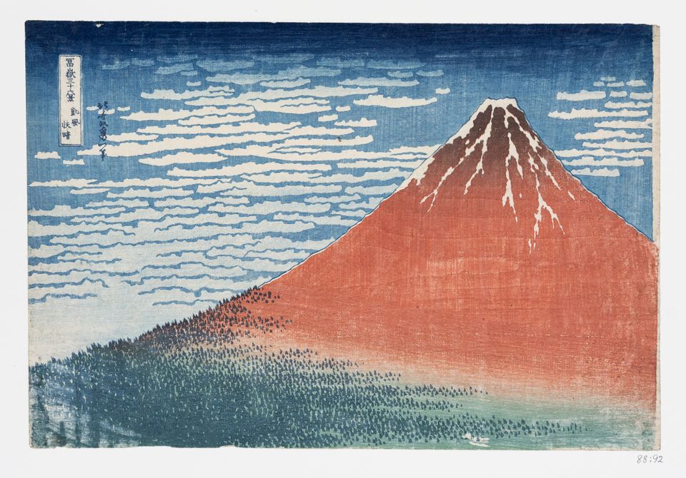 Katsushika Hokusai, God vind, klar morgen (Gaifû kaisei) (også kendt som Rød Fuji) fra serien 36 udsigter til Fuji bjerget (Fugaku sanjûrokkei) (1829-1833) Foto: Designmuseum Danmark