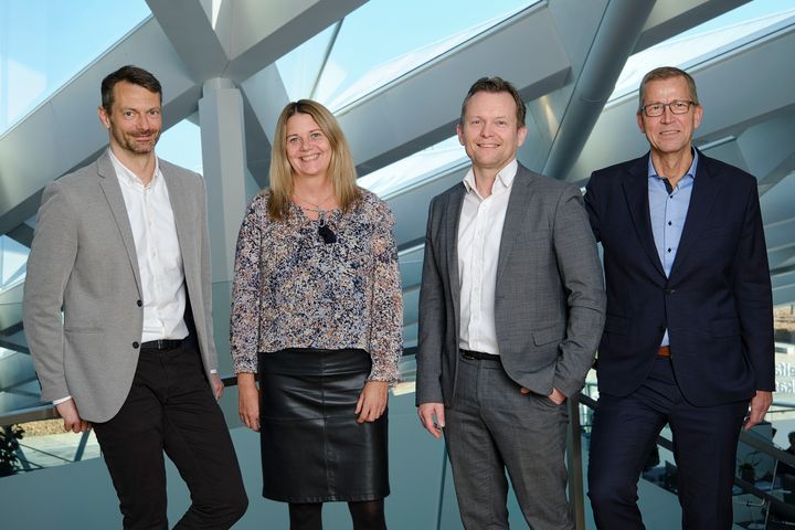 Kim Bjørn Kristensen (th), Kristian Gren, Helle Lund Gregersen og Bjarne Jacobsen er alle udnævnt til direktører i Middelfart Sparekasse pr. 1. marts 2022.