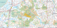 Kort: Område omfattet af adgangsbegrænsning.

De statslige naturområder er skraveret. Området med færdselsbegrænsninger er markeret med gult.