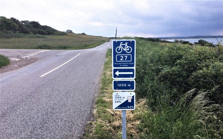 Sådan ser skiltet for den regionale cykelrute ud inden stigningen ved Kårup Strandbakke i Odsherred Kommune, som Tour de France-rytterne skal op over den 2. juli. Foto: Odsherred Kommune