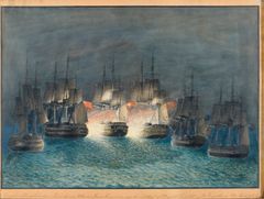 Den 22. marts 1808: Den danske flådes eneste linjeskib, Prins Christian Frederik blev omringet af den engelske flåde under Slaget ved Sjællands Odde. ”De leged alt over den åbne grav, og bølgerne gjordes så røde,” skrev Grundtvig efter danskerne havde tabt en ulige kamp. De overlevende danske søfolk blev taget til fange og ført til prisonen i Chatham uden for London. (Akvarel af A G. Gross / Museet for Søfart, Helsingør).