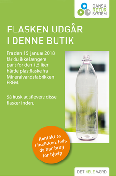 Frems 1,5 liters plastflaske udgår - her plakaten som butikkerne kan sætte op ved flaskeautomaten