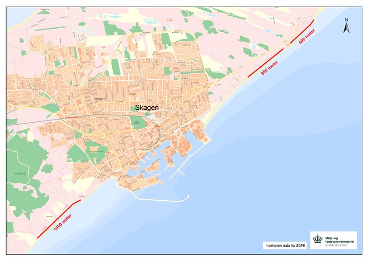 Der bliver i alt pumpet sand ind på tre delstrækninger ved Skagen. Strækningerne er markeret med rødt på kortet.