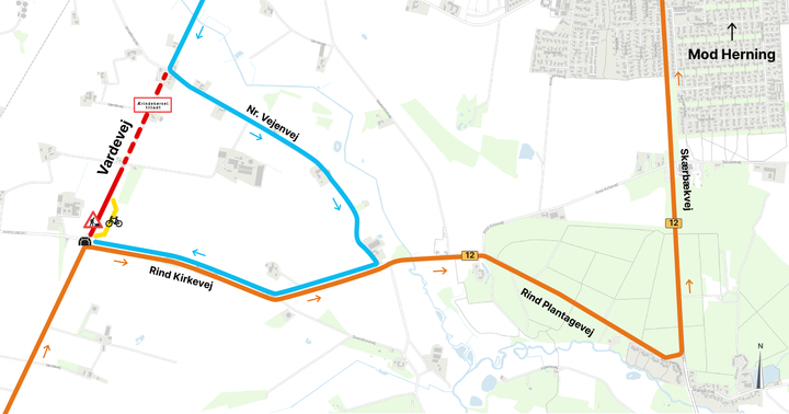 Trafikanterne bliver i Store bededagsferien sendt ud på en lille omkørselsrute, mens Vejdirektoratet bygger en ny stitunnel under Vardevej ved Studsgård. Kort: Vejdirektoratet