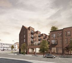 Visualisering af byggeprojektet 'Møntmesterhus' i Københavns Nordvestkvarter - her set fra Tomsgårdsvej - som forventes at stå færdigt i slutningen af 2022.