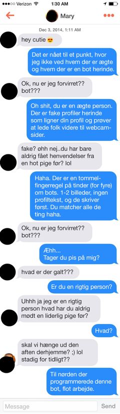 Eksempel på en samtale med en TinderBot - oversat fra engelsk