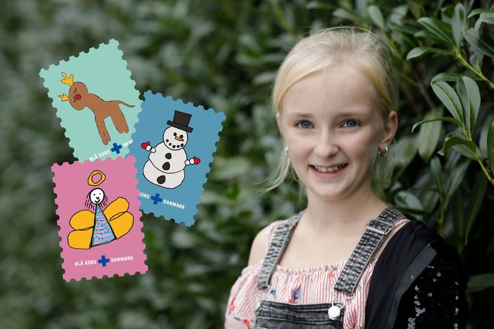 11-årige Jennifer Engler fra Nykøbing Falster har tegnet snemanden, som er et af de tre julemærkemotiver.