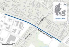 Vejdirektoratet anlægger enkeltrettede cykelstier på Andersen Nexø Vej mellem Sdr. Landevej og Bødtgersvej i Bornholms Kommune. Grafik: Vejdirektoratet